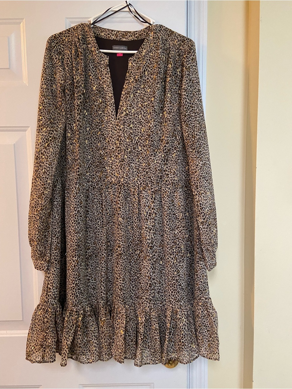 Vince Camuto Tan and Black Leopard Print Long Sleeve Dress